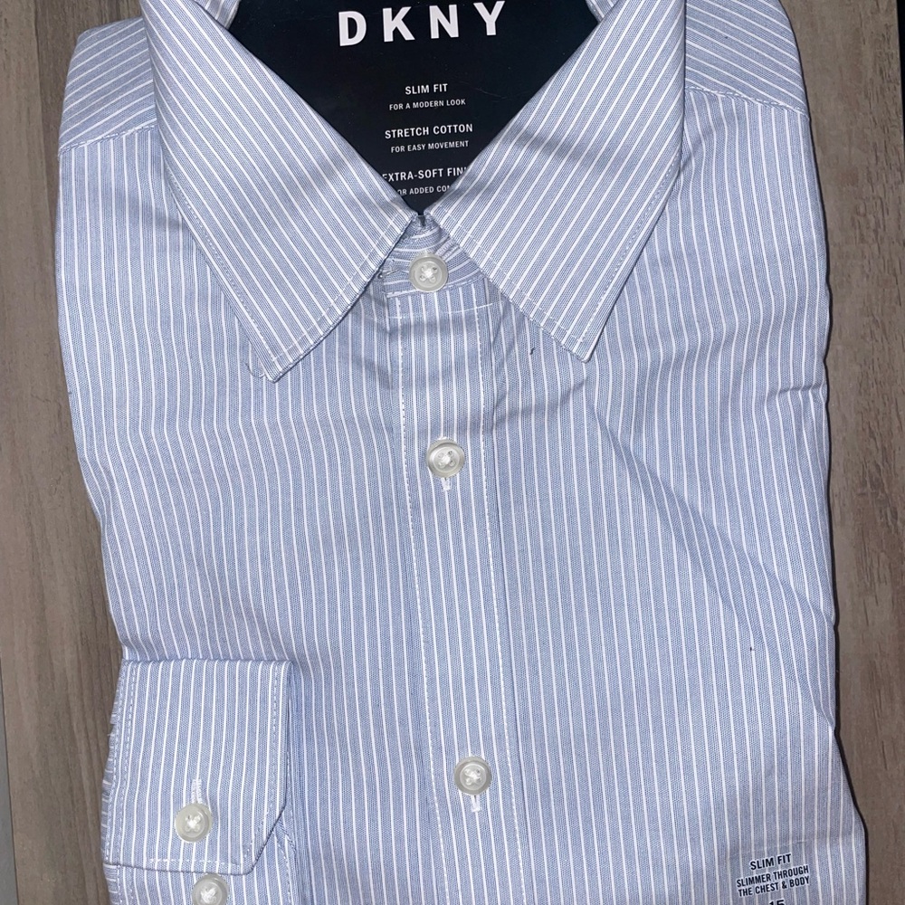 DKNY Blue and White Pinstripe Dress Shirt